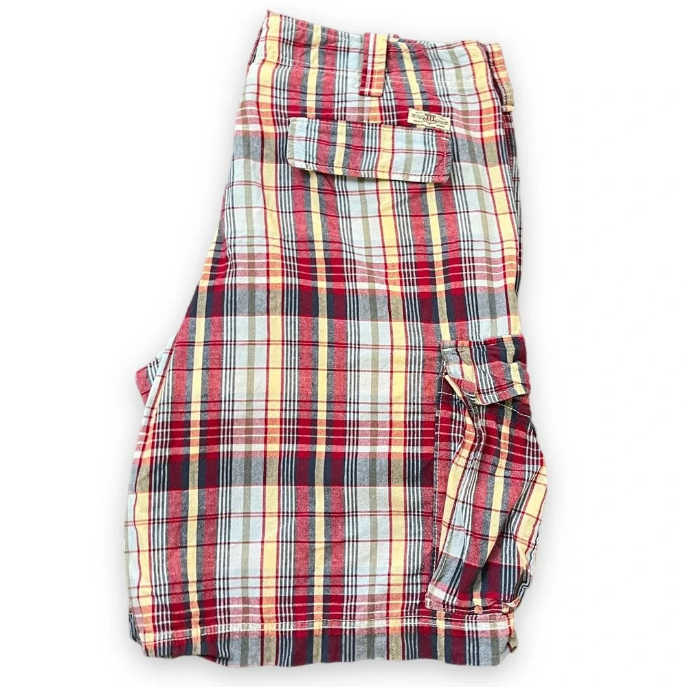 VTG Ralph Lauren Polo Jeans Madras Cargo Shorts Mens 38 Plaid Red Preppy Coastal